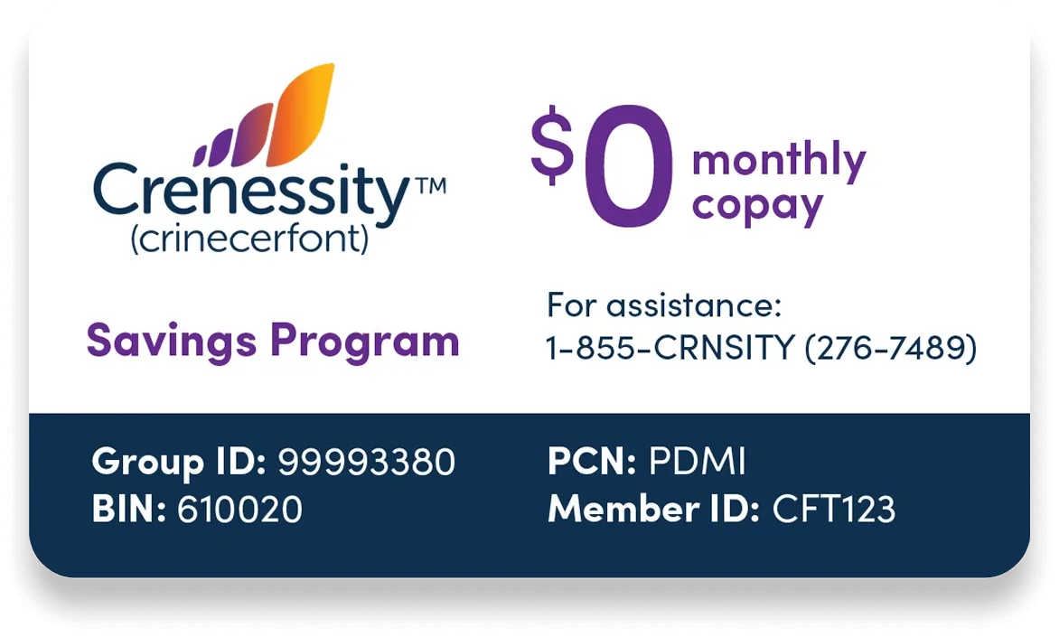 CRENESSITY savings card showing $0 monthly copay