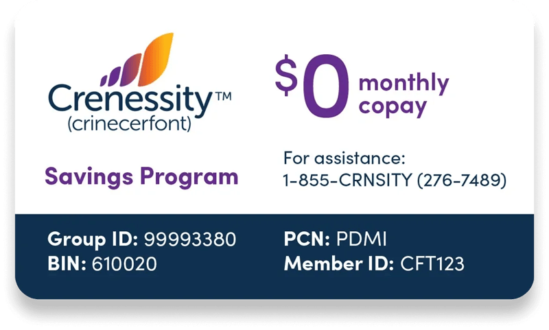 CRENESSITY Savings Program card showing $0 monthly copay