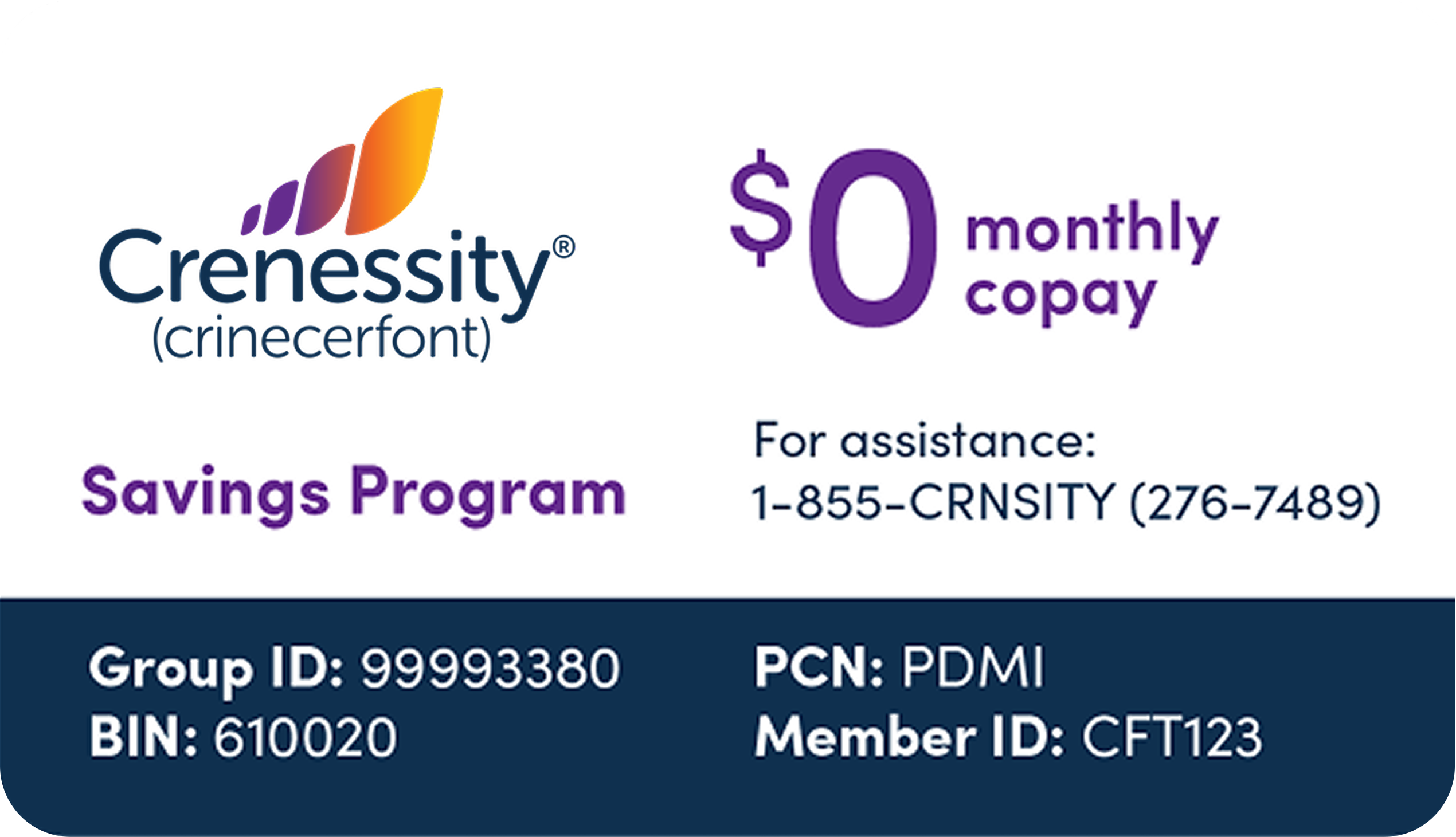CRENESSITY savings card showing $0 monthly copay