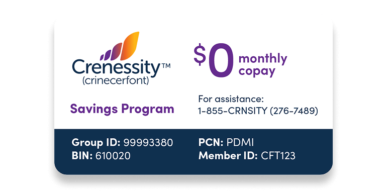 CRENESSITY Savings Program card showing $0 monthly copay